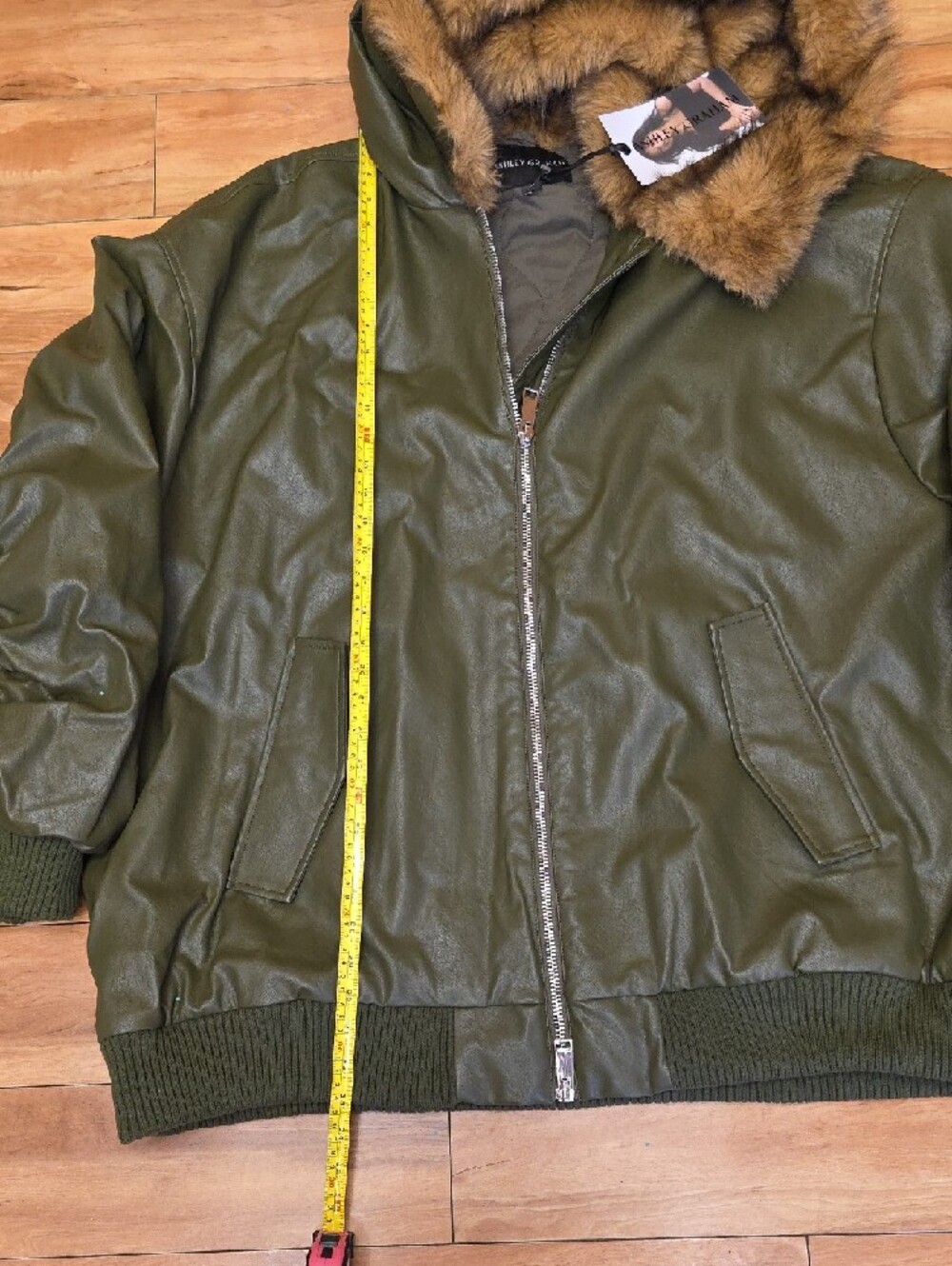 Ashley Graham Faux Leather Bomber Moto Jacket Fur Collar Olive Size 3X NEW - Picture 11 of 16